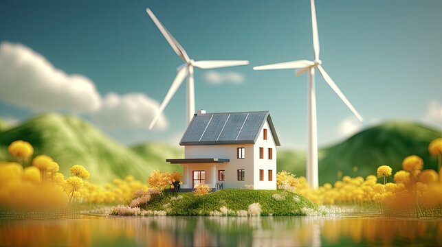 Renewable energy technology eco friendly and sustainable Home with windmill and light bulb on green background 3d illustration