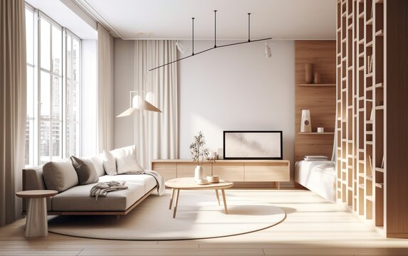 Modern interior japandi style design Living room. AI, Generative AI
