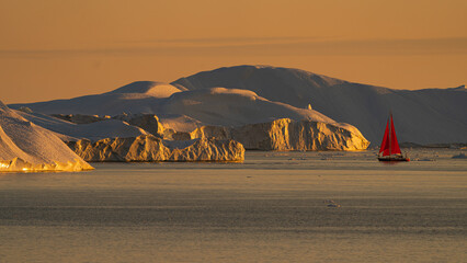 greenland red sail boat sunset