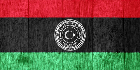 Flag and coat of arms of State of Libya on a textured background. Concept collage. - obrazy, fototapety, plakaty