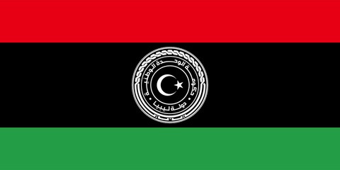 The official current flag and coat of arms of State of Libya. State flag of Libya. Illustration.