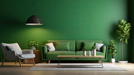 Modern 3D rendered living room with green wall and cozy furnishings