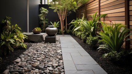 Textured and contrasting elements like pebbles flagstone and pavers along with minimalist plantings create a small contemporary Asian urban garden