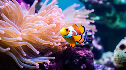 Fototapeta na wymiar Clownfish or anemonefish nestled among the coral branches of a vibrant reef, ai generative