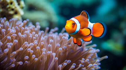 Fototapeta na wymiar Clownfish or anemonefish nestled among the coral branches of a vibrant reef, ai generative