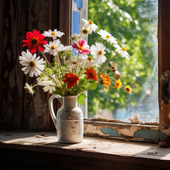 painting of flowers in a vase on the windowsill, Al Generation