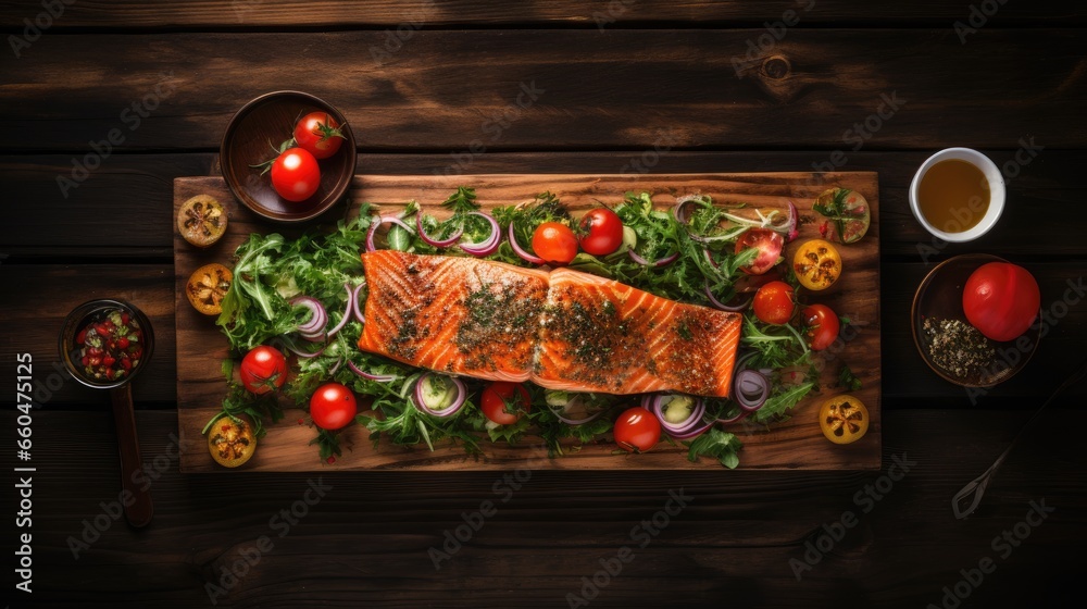 Poster top down view of wooden table with grilled salmon salad and condiments