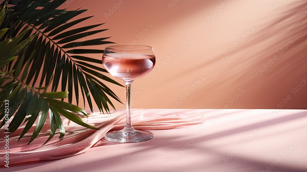 Poster pink champagne on a table with ice shadows pink background palm leaves front view