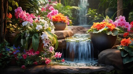 Waterfall and flowers decor in cozy garden during summer