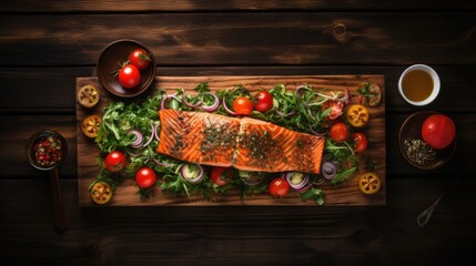 Top down view of wooden table with grilled salmon salad and condiments