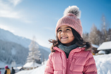 Fototapeta na wymiar Cute little girl in warm wear, smiling.