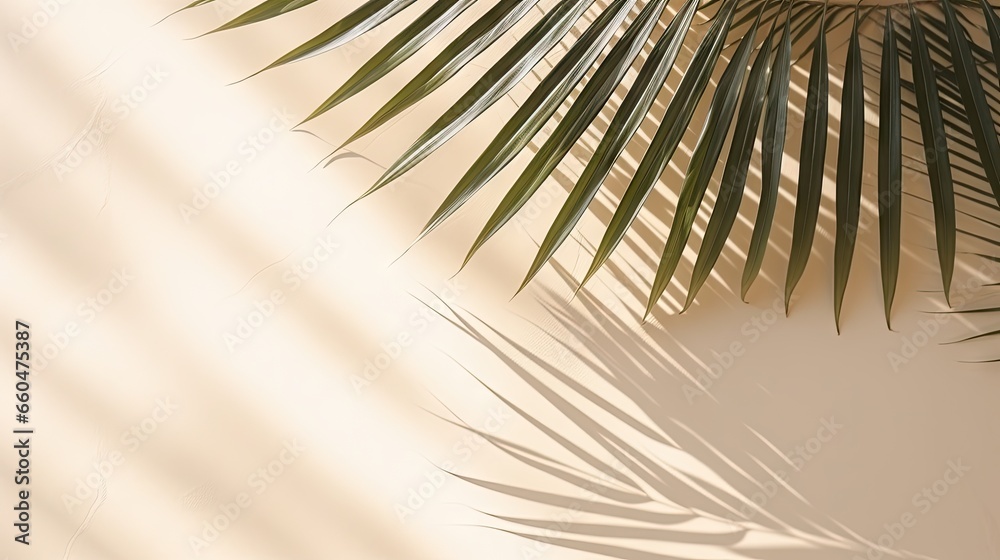 Aufkleber palm leaf shadows on a white wall and cream pastel floor abstract background with palm leaf shadows 