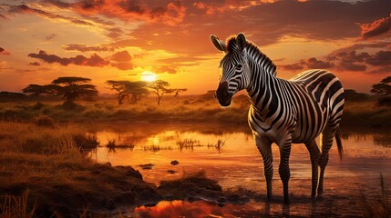 Zebra in the Serengeti National Park Africa at sunset - obrazy, fototapety, plakaty