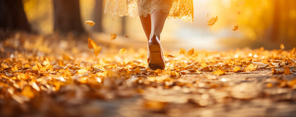 Legs of a woman who walks in a park in autumn, with autumn leaves and warm sunlight