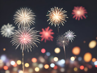 Fototapeta premium Christmas and New year holiday fireworks in the sky abstract. Image is generated with the use of an Artificial intelligence