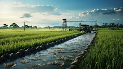 Pumping water from the ground to irrigate rice fields via pump wells and an irrigation canal - obrazy, fototapety, plakaty