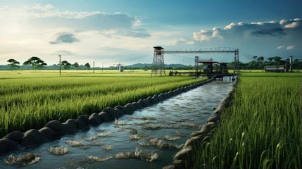 Poster Pumping water from the ground to irrigate rice fields via pump wells and an irrigation canal © vxnaghiyev
