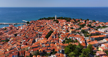 Summer aerial shot of Izola, historic fishing town in Slovenia, Europe. Stunning Adriatic Sea coastline view