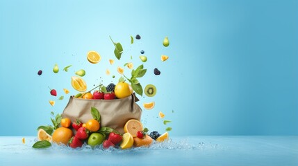 Reusable paper bag with fresh fruit blue background