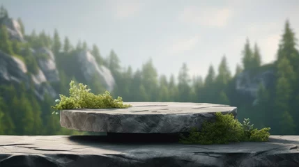 Schilderijen op glas Stone podium on rock platform 3D illustration gray pedestal for display forest and blurred horizon natural landscape soft light © vxnaghiyev