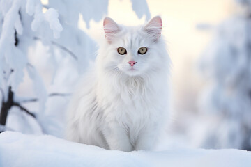 Obraz premium Furry white cat in the snow
