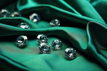 Loose Diamonds on Green Silk Background - obrazy, fototapety, plakaty