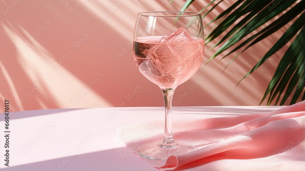 Aufkleber pink champagne on a table with ice shadows pink background palm leaves front view