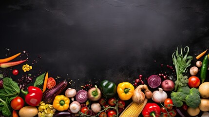 Organic food display Fresh veggies with black beans on chalkboard - obrazy, fototapety, plakaty