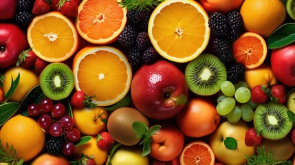 Gordijnen Top view of fresh exotic fruit assortment © vxnaghiyev