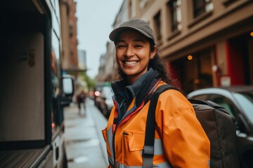 Portrait of a young delivery woman in the street