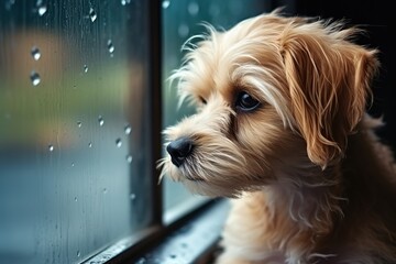 The puppy is sitting by the window - obrazy, fototapety, plakaty