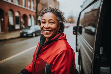 Portrait of a middle aged delivery woman in the street - obrazy, fototapety, plakaty