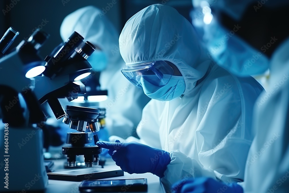 Poster a team of biochemists working with a microscope