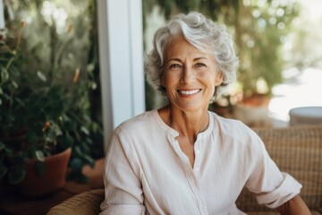 Smiling portrait of a senior woman in her home - obrazy, fototapety, plakaty