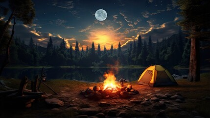 Twilight camping scene with a large moon rising above a forest glade and a campfire
