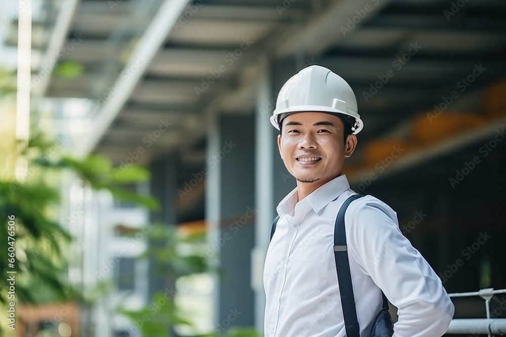 Poster an engineer looking forward in a protective helmet