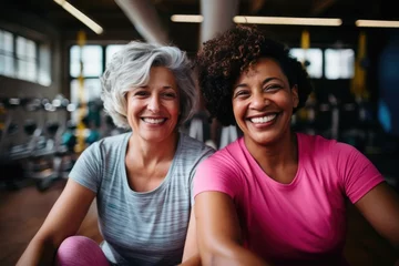 Foto auf Acrylglas Fitness Portrait of two diverse senior friends in a indoor gym