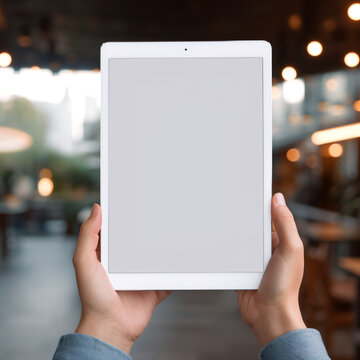 tablet with a blank screen in hands on a blurred background,  Al Generation