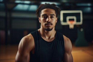 Fototapeta na wymiar Portrait of a young fit and athletic man in a indoor basketball gym