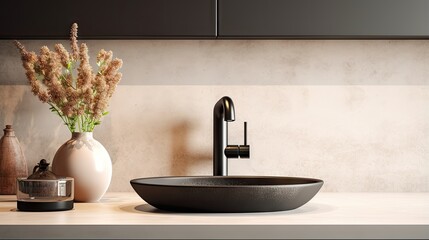 Stylish kitchen countertop with black sink tap lamp vase plate and bowl