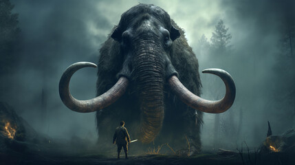 Caveman hunting woolly mammoth. ai generative - obrazy, fototapety, plakaty
