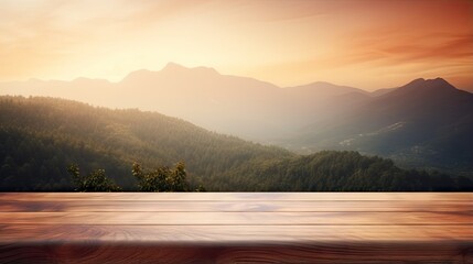 Wooden table with warm hues blending into mountain scenery - obrazy, fototapety, plakaty