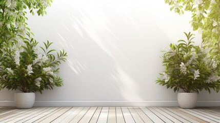 White garden wall with 3D rendering wooden terrace floor lattice fence and nature backdrop