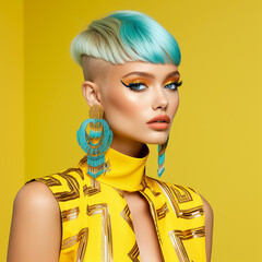 portrait of a beautiful model with blue hair tint and big jewels, yellow and cyan colors - 660476979