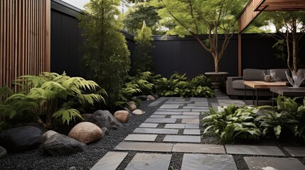 Textured and contrasting elements like pebbles flagstone and pavers along with minimalist plantings create a small contemporary Asian urban garden - obrazy, fototapety, plakaty
