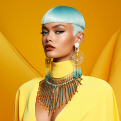 portrait of a beautiful model with blue hair tint and big jewels, yellow and cyan colors - 660476989