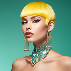 portrait of a beautiful model with yellow hair tint and big jewels, yellow and cyan colors - 660476991