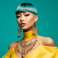 portrait of a beautiful model with blue hair tint and big jewels, yellow and cyan colors - 660476993