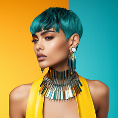 portrait of a beautiful model with blue hair tint and big jewels, yellow and cyan colors - 660476997