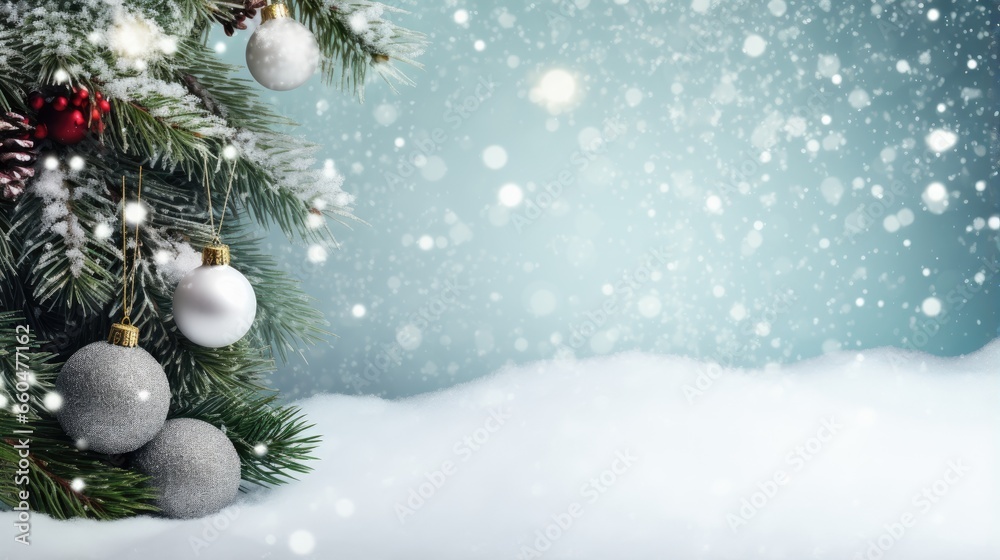 Poster snow covered branch of christmas tree with bauble decoration on stone background xmas backdrop for g